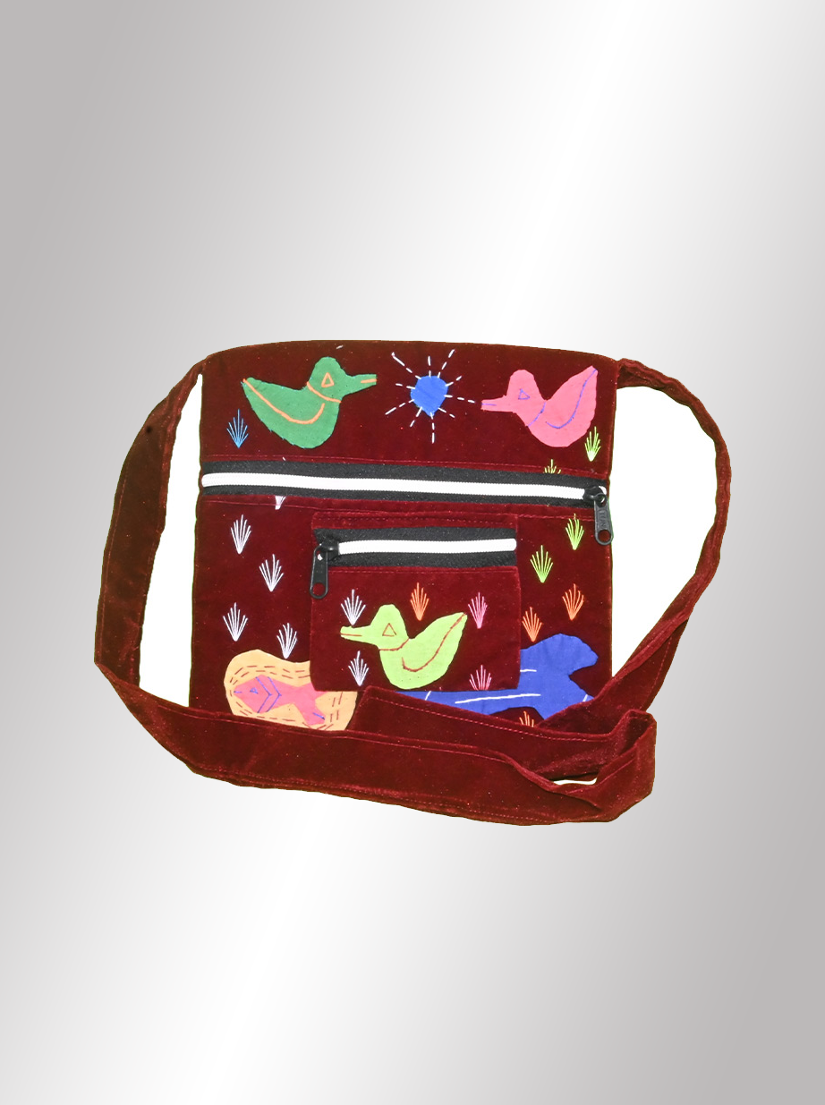 Handmade Velvet Ladies Sling Bag with Patch Work - Red Colour (9 x 8 Inch)