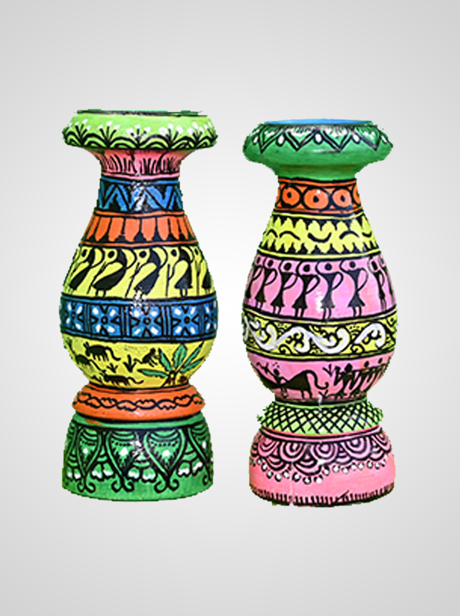 Patachitra Wooden Flower Vase - Set of-2 (6 x 2.5 Inch)